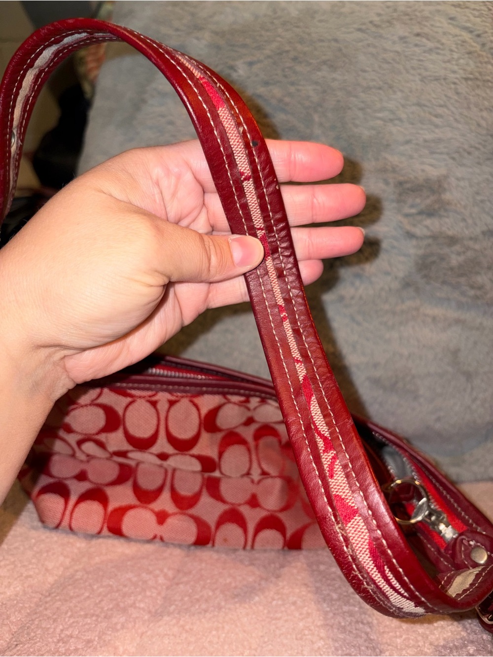 Red Signature-Print Women's Shoulder Bag with Leather Trim